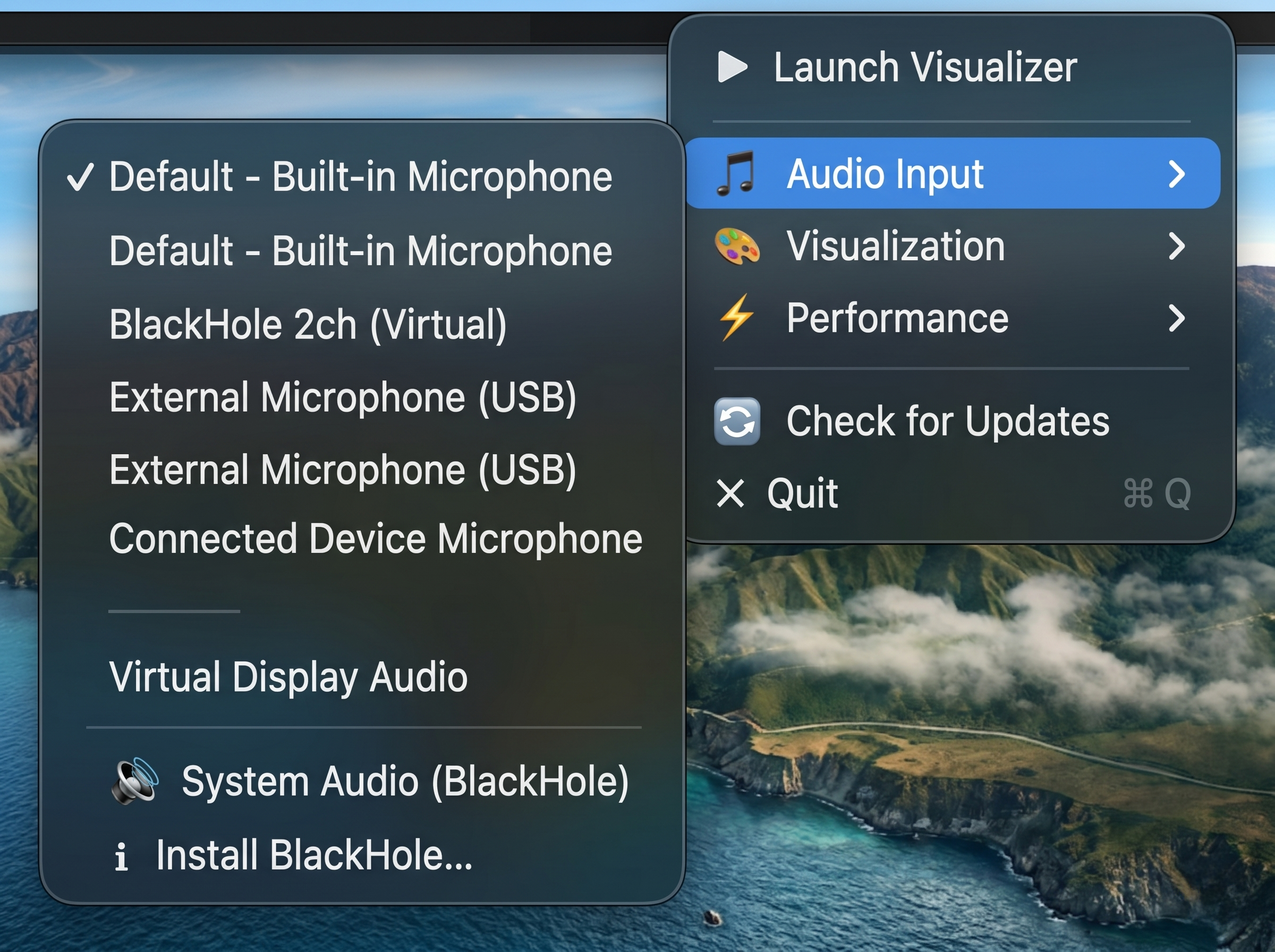 VizAmp Audio Source Picker: Choosing between microphone or BlackHole virtual routing